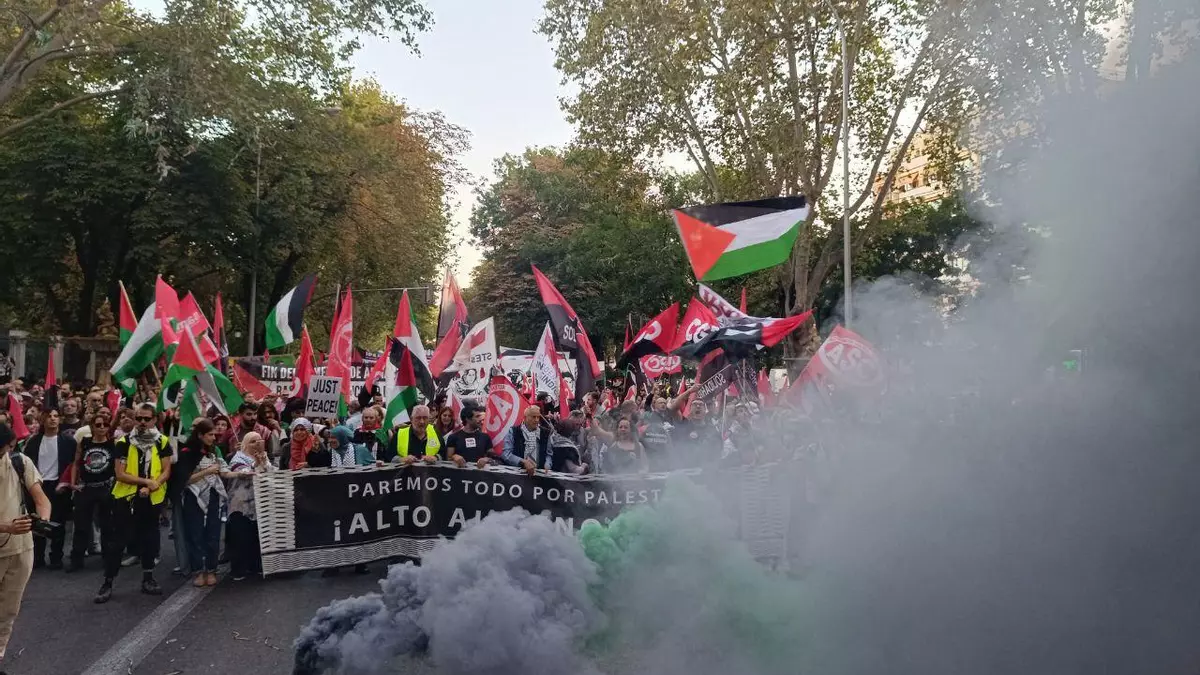 Botes de humo con los colores de Palestina acompañan la manifestación en Madrid.- Guillermo Martínez