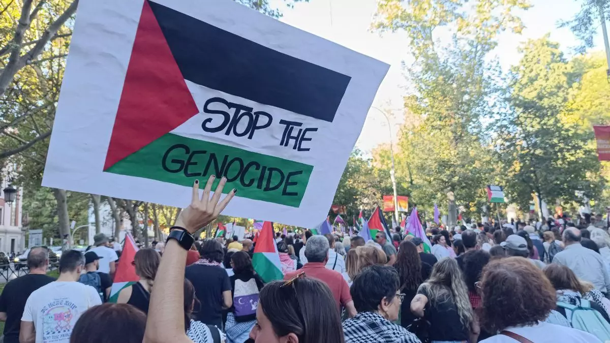 Una joven con una pancarta con la bandera de Palestina en la que pide el fin del genocidio en la manifestación de Madrid.- Guillermo Martínez