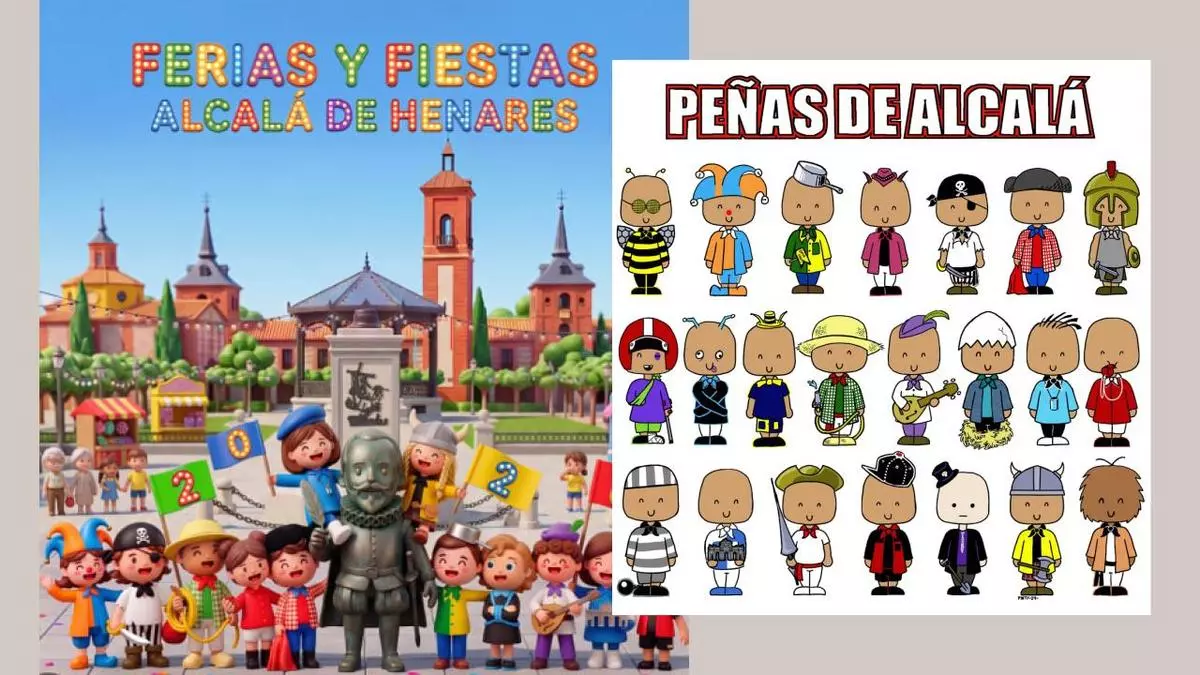El cartel de las ferias y fiestas de Alcal&aacute; de Henares (i) y los dibujos creados por Pinty.-&nbsp;Ayuntamiento de Alcal&aacute; de Henares / Juan Pedro Pintado